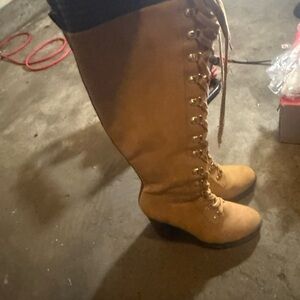 Tan Knee-High Lace-Up Boots